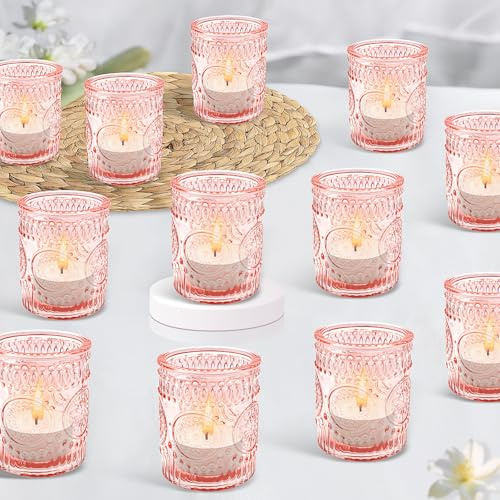 Rosafarbene Votivkerzenhalter, 24-teiliges Set aus Glas-Teelichthaltern für Hochzeit, Party und Home-Dekoration (24 Stück, Rosa)