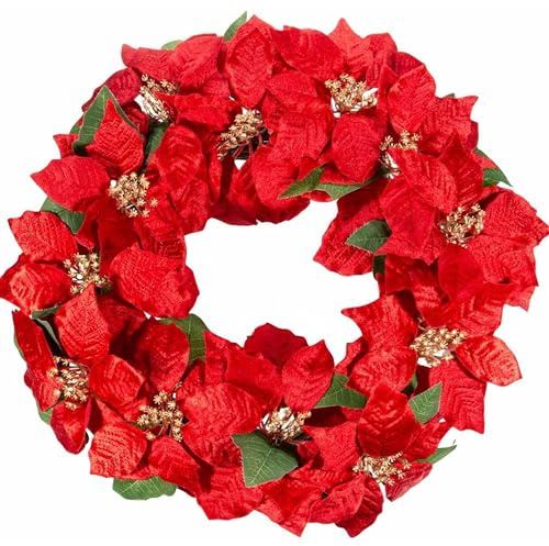 Gruppo Maruccia - Corona di Natale Artificiale con Stelle di Natale Rosse, Pistilli Dorati in Stoffa - Decorazione Festiva per Porta, Pareti - Diametro 46 cm