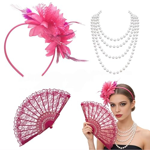 Zosutetoxo 1920er Damen Set, Flamingo Pink Bandeau avec Éventail & Collier de Perles, Accessoires de Costume Vintage pour Carnaval Gatsby Party