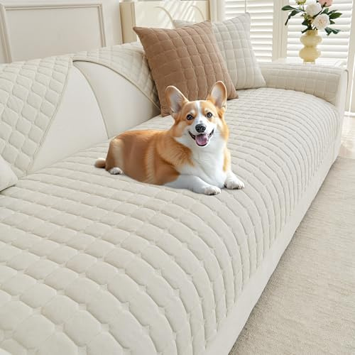 MYSKY HOME Sofa Überzug L Form Sofaschutz Hund Sofabezug 3 Sitzer | Creme,1er Set,88x210cm,Überwurfdecken für Sofa,Sofaüberwürfe Sofa Schoner Auflage Sofaschutz Katze