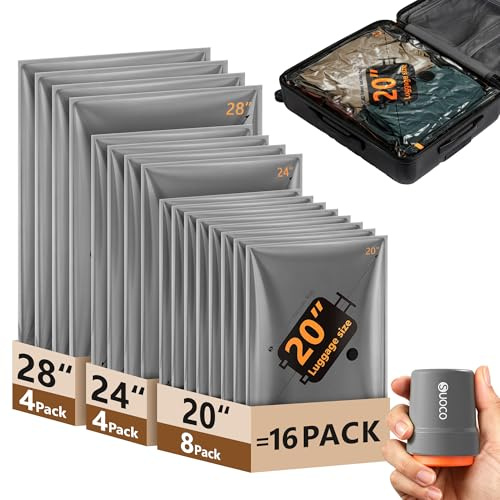 SUOCO 16 Stück Vakuumbeutel für Kleidung mit kabelloser Vakuumpumpe, platzsparend Vakuumierbeutel für Kleider, Vacuum Storage Bags, Koffer Organizer, geeignet für Reisen und Zuhause