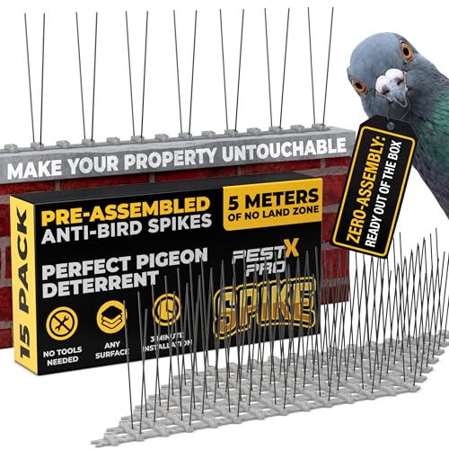 Pest-X Pro Pinchos para valla de pájaros, de metal, antipalomas y pájaros, para techo, vallas, canalones, tira disuasoria duradera, barrera de prevención de gaviotas, ardillas y palomas (cobertura de