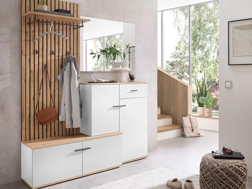 moebel-dich-auf Garderoben-Set Como Flurgarderobe Wandgarderobe Paneel + Schuhschrank + Spiegel weiß/Artisan Eiche Nb.