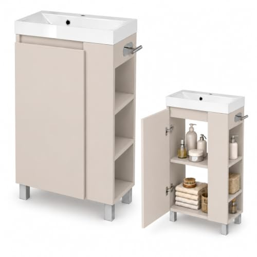 paplinskimoebel - Ensemble de salle de bains SEVA comprenant un lavabo avec meuble sous-vasque, 46 cm de large, à poser ou à suspendre, meuble sous-vasque avec porte-papier toilette - cachemire, beige