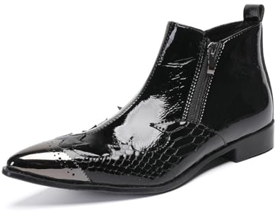 Yhsdfcn Botas Chelsea para Hombre en Cuero Charol Negro con Doble Cremallera - Botines de Vestir con Punta Metálica y Detalles Brogue, Calzado de Lujo,Negro,41 EU