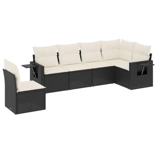GeenYuu 6-TLG. Garten-Sofagarnitur mit Kissen Schwarz Poly Rattan wetterfestes Lounge-Set für Terrasse Balkon und Garten mit Stauraum und klappbarem Beistelltisch für Flexible Sitzgruppe