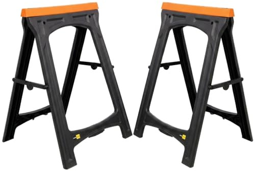 eSkde Folding Saw Horse Twin Pack, Black and Orange, Plastic, 250kg Capacity, Folds Flat for Storage, 2 Pack