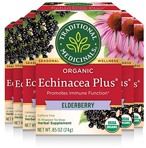 Traditional Medicinals Tea, Organic Echinacea Plus Elderberry, Boosts the Immune System, 96 Tea Bags (6 Pack)