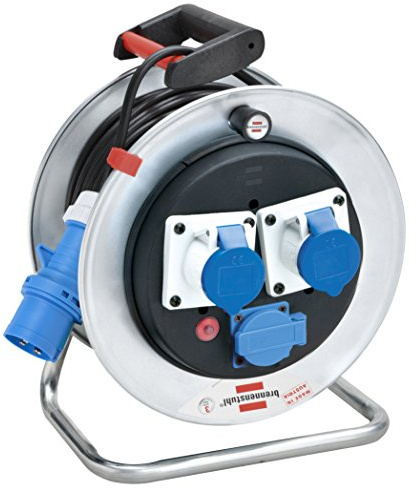 Brennenstuhl 1192776 Avvolgicavo 50 M Serie Garant Sk in Acciaio Zincato Antiruggine, 2 Prese Cee 3 Poli 230V/16A 1 Presa Schuko, Coperchi Autochiudenti, Diametro 29 Cm Maniglia Ergonomica, Blu