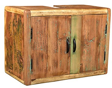 Woodkings® Bad Waschbeckenunterschrank Kalkutta recyceltes Holz bunt rustikal Waschtischunterschrank Badmöbel Badezimmer Badschrank Bad Unterschrank Massivholz (ohne Fuß)
