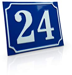 Betriebsausstattung24 Hausnummernschild - Nostalgische Hausnummer - Mit Wunschtext Prägung - Aluminiumschild mit Antiqua-Rand - Größe: 15,0 x 12,0 cm, Blau mit weißer Schrift