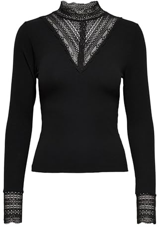 ONLY Onltilde L/S High Neck Lace Top JRS Noos T-Shirt Manches Longues, Noir/détails : Dentelle Noire, XS Femmes
