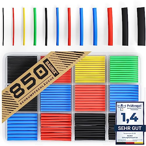 BAURIX® Tubo Termoretractil juego de 850 piezas - Termoretractil para cables eléctricos surtido de colores - Relación de contracción 2:1 - Funda Termoretractil - Heat shrink tubing