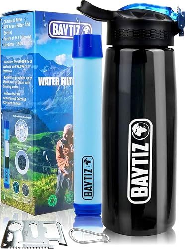 BAYTIZ ® Trinkflasche + Strohhalm Filter + Carabiner - Wasserfilter Outdoor mit Aktivkohle - Sport Überleben Campingplatz Wandern Survival Wasser Flashe Stroh Wasseraufbereiter Life Filtersystem Straw
