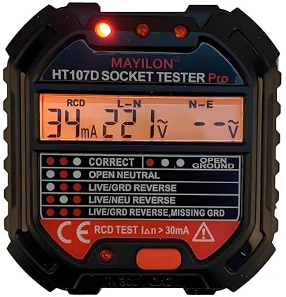 Steckdosentester HT107D LCD Digitalanzeige Prüfgerät für Steckdose EU Stecker 90-250V Elektrische Steckdosenprüfer für Schulen Labors Fabriken