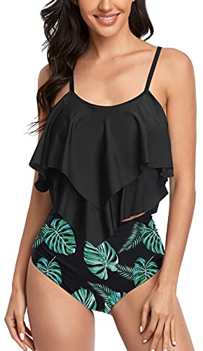 FLYILY Tankini Costume Da Bagno Per Donne Top Doppio Ruffle Vita Alta Costumi Da Bagno 2 Pezzi Costumi Da Bagno Bikini Set(2-BlackLeaf,XL)