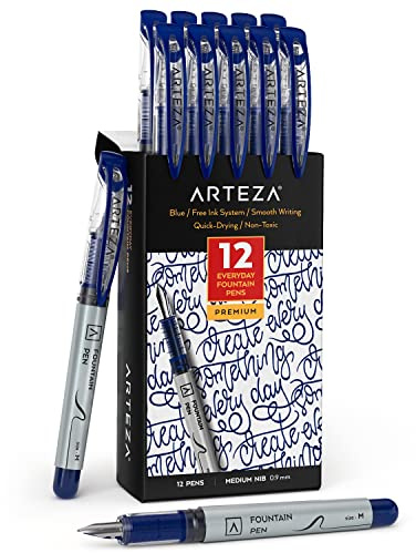 ARTEZA Disposable Fountain Pens, Pack of 12, Medium 0.9-mm Nib, Smooth-Writing Quick-Drying Blue Ink Pen, Art Supplies for Professionals, Students, and Hobbyists