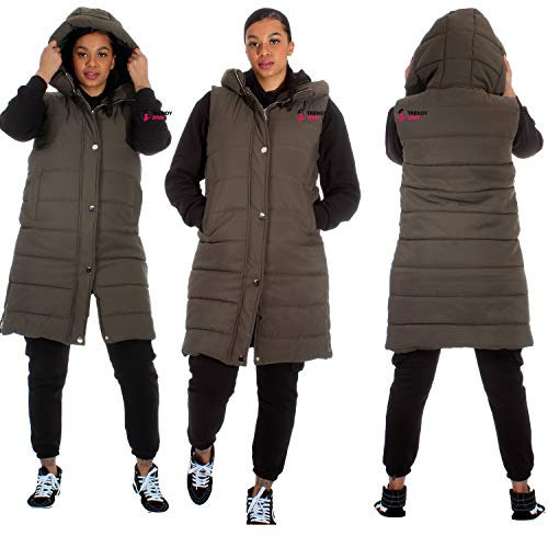 Trendy Diva | Ladies Quilted Gilet Puffer Jacket Hooded Winter Coat Long Longline For Women Funnel Neck Zip Button Up Oversized (Khaki, XL)