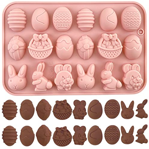 Crethinkaty 1 Pieces Easter Silicone Chocolate Moulds 18 Cavity Egg,Bunny, Rabbit Head,Basket shapes Mould for DIY Chocolate,Candy,Jelly