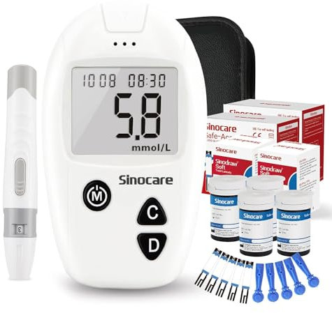 sinocare Diabetes Testing Kit/Blood Glucose Monitor Safe-Accu Blood Glucose Sugar Test Kit with Strips x 100 & Lancing Devices x 100 & Case for UK Diabetics -in mmol/L