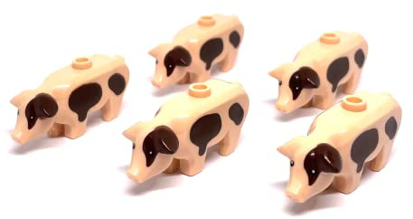 Penny Bricks® 5 Stück Baustein Schwein Figur | 100% kompatibel zu Allen Anderen Herstellern, Klemmbausteine einzeln kaufen | Baustein Tiere Bauernhof Moc Zubehör (Hellbraun mit Flecken)