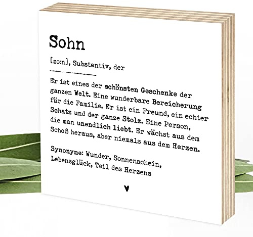 Wunderpixel® Holzbild Definition Sohn - 15x15x2cm zum Hinstellen/Aufhängen, echter Fotodruck mit Spruch auf Holz - schwarz-weißes Wand-Bild Aufsteller Zuhause Büro zur Dekoration Geschenk-Idee