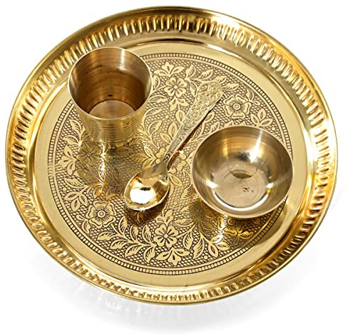 Decorative Brass Thali Flower Design Pooja Thali Set of 4 Pcs, Indian Traditional New Year Decoration Brass Pooja 1 Plate with 1 Bowl, 1 Glass and 1 Spoon Temple Home Bhog Thali Set (Size:-8'')