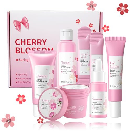 Skincare Gifts For Teenage Girls,Cherry Blossom Skincare Sets,Facial kit,Pamper Sets For Women Gifts,Skin Care Sets & Kits with Cleanser, Face Serum, Face Cream,Toner,Eye Cream,Mask (7PCS Sakura)