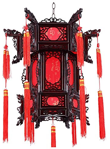UPJAKS Farolillos de Papel Linterna roja China, Farol Colgante de Madera Maciza, balcón, Hexagonal, Piel de Oveja, candelabro clásico Chino para Festival de Año Nuevo Boda