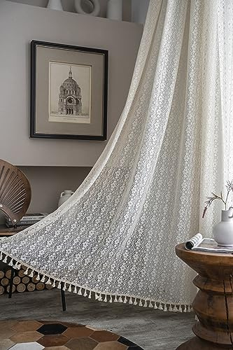Yaofeiou Beige Vintage Vorhänge Landhausstil Häkeln Stricken Gardinen Boho Vorhänge Leinen Baumwolle Gardienen Hohle Blume Transluzente Vorhang für Wohnzimmer Schlafzimmer, 2 Stück, B150xH260cm