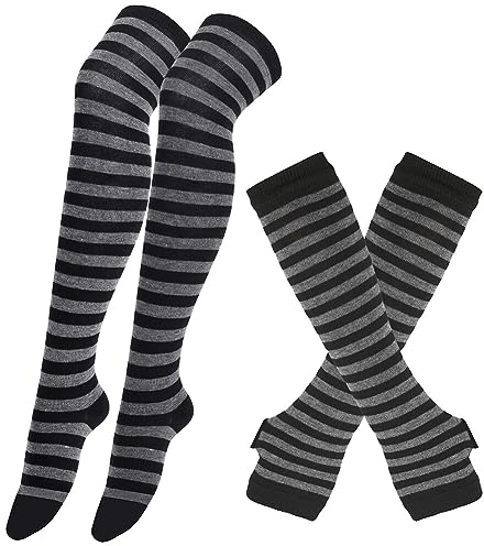 Asudaro Gestreifte Kniestrümpfe, Damen Gestreift Overknee Strümpfe Kniestrümpfe Armstulpen Und Fingerlosen Handschuhen Set Unisex Kniestrümpfe Lange Socken Gestreifte Halloween-Socken Für Damen Typ 4