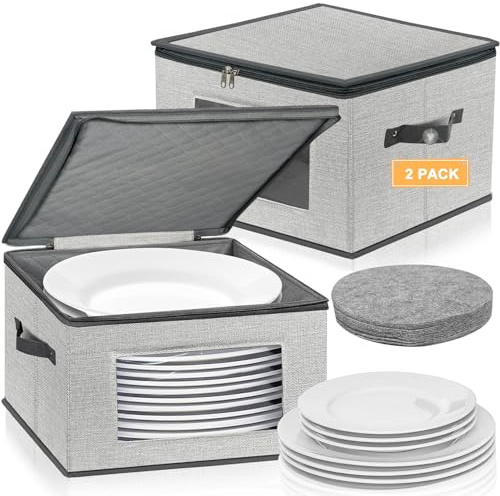 China Storage Containers, 12 Inch Dinner Plate Dish Storage Containers, Hard Shell Quilted Dinnerware Storage Box Case with Lids and Felt Protectors for Dishes Plates Storage and Moving (Light Grey)