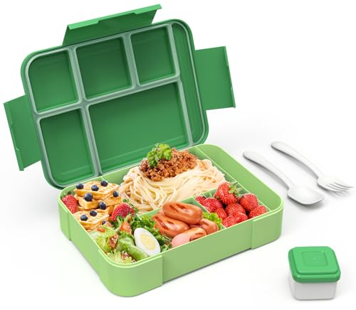 HOBUE Bento Lunch Boxes,1330ml Bento Boxes Lunch Boxes for Adults with 6 Compartments, Cutlery Set, Leak Proof Lunch Box Snack Box for Boys Girls School Kindergarten Office,Green