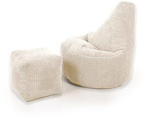 Gilda Recliner Chair Bean Bag with Footstool in Soft Comfy Corduroy Fabric Polystyrene Bead Filling Included (Cream)