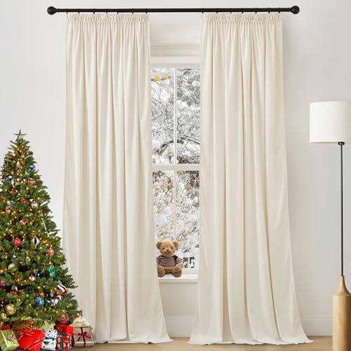 PONY DANCE Samtvorhang Kräuselband Gardinen Samt Creme Thermovorhang gegen Kälte Velvet Curtains for Living Room Extra Lange Gardinen und Vorhänge Samt 2er Set H 280 x B 132 cm (Gewicht: 300g/m²)