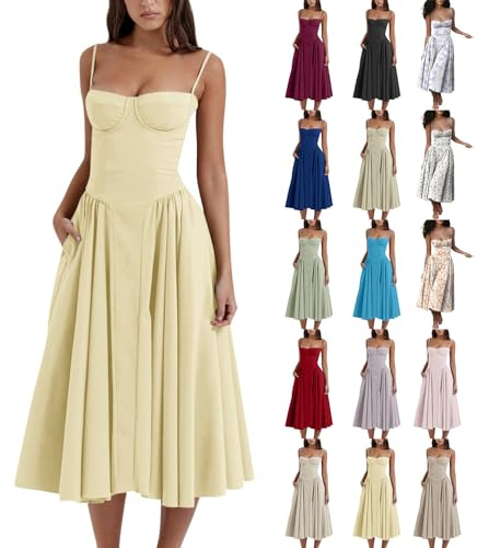 midelxp Vestido de corsé para mujer, elegante, con tirantes delgados, vestido midi de corte bajo, dobladillo plisado, vestidos formales con bolsillos, L001-amarillo, M