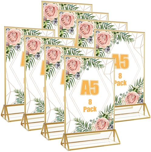YAYODS 8er Set Tischaufsteller A5 Gold - Doppelseitiger Acryl Menükartenhalter mit Dreiecks-Sockel - Eleganter Aufsteller für Hochzeit, Taufe & Gastronomie, 15,5 x 24,7 cm