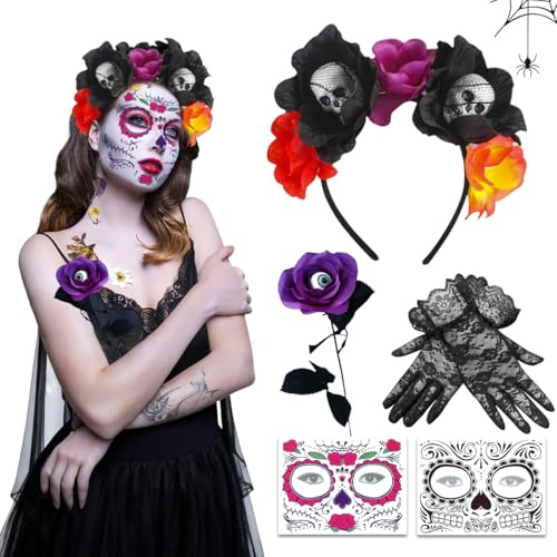 XLZJYIJ Tag der Toten Haarreif Halloween, Dia de Los Muertos Stirnband mit Halloween Gesicht Tattoos Blumen Rose Spitzenhandschuhe, Mexikanische Stirnband Rosen, Kopfschmuck halloween Damen