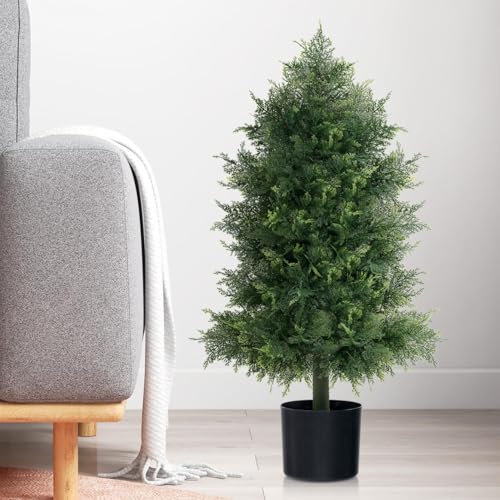 TANGZON Artificial Cypress Tree, 80CM Faux Cedar Topiary Tree with Cement Pot & Realistic Moss, Indoor Outdoor Decorative Bushy Fake Plant for Home Office Garden Balcony Hallway (1)