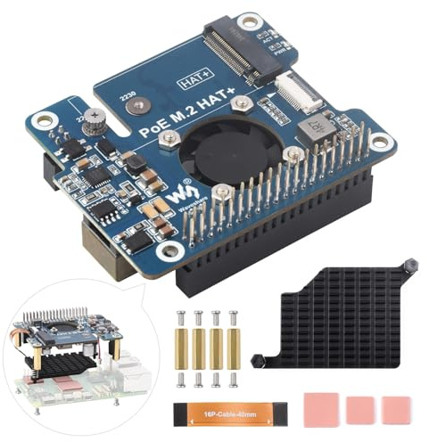 Waveshare PoE M.2 HAT+ Compatible with Raspberry Pi 5, M.2 M-Key PCIe to M.2 with PoE Expansion Board Support M.2 NVMe S SD 2242 Solid State Disk