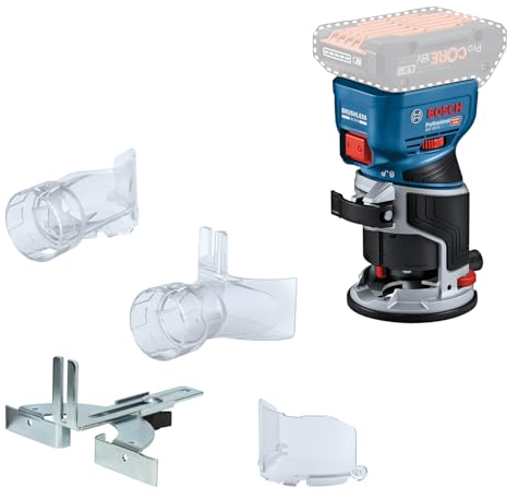 Bosch Professional 18V System Rifilatore a batteria GKF 18V-8 (incl. guida parallela, 2 adattatori aspiratore rifilatura, protezione trucioli, pinza da 8 mm, chiave, senza batteria/caricabatteria)