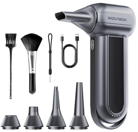 WOLFBOX Compressed Air Duster-150000RPM Super Power Electric Air Duster, Rechargeable Long-Life Air Blower, Cordless 3-Gear Adjustable Mini Blower for Computer, Keyboard, Outdoors and Car Cleaning