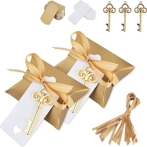 Zjyufy 30 piezas de recuerdos de fiesta de boda, recuerdos de boda para invitados, cajas de dulces con etiquetas en blanco y cintas, regalos de boda (dorado)