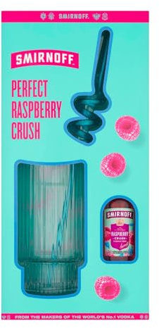 Smirnoff Vodka Gift Set - Flavoured Alcohol Miniature Set, 1 x 50ml Smirnoff Raspberry Crush, Branded Glass & Straw Mini Gift Sets, Raspberry Vodka Gifts for Men and Women, Birthday, Christmas