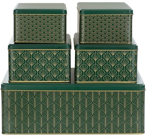 BALOU LIVING 5er Set Keksdose Weihnachten eckig aus Metall, grün/gold | Weihnachtskeksdosen groß aus Metall - Weihnachtliche Keksdosen Plätzchendose Blechdose