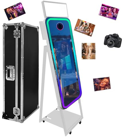 Photomaton portable avec miroir pour appareil photo reflex numérique de 101,6 cm avec écran tactile et étui de vol, lumière RVB pour mariage, location, fêtes d'affaires (blanc, 101,6 cm + appareil