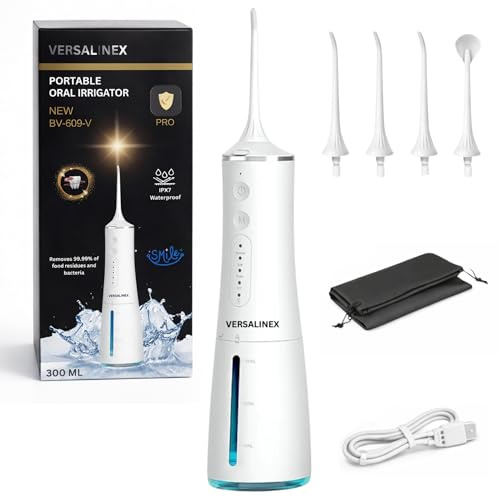 Versalinex Professionelle tragbare Munddusche – kompakt, wiederaufladbar für Reisen, USB-C mit 4 Modi und 4 rotierenden Aufsätzen – geeignet für empfindliches Zahnfleisch, Kieferorthopädie (weiß)