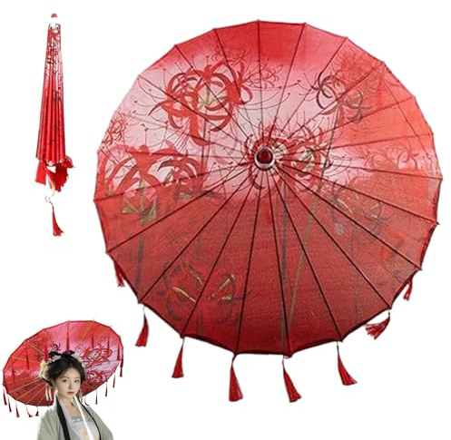 Jeorywoet Chinese Umbrella 32in Red Lily Japanese Umbrella Silk Japanese Parasol with Tassel Decorative Ancient Asian Umbrella for Dance Perform Prop Costume, Chinese Umbrella