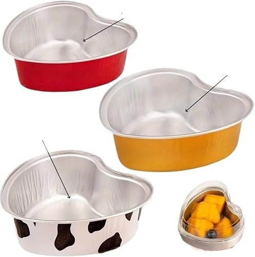 Heart-Shaped Golden/Heart-Shaped Red/Heart-Shaped Cow Color 10 Each a Total of 30, Cake Baking Box Disposable Tinfoil Box Aluminum Foil Box Egg Tart Cup Baked Pudding Cup Baked Eggs Air Fryer