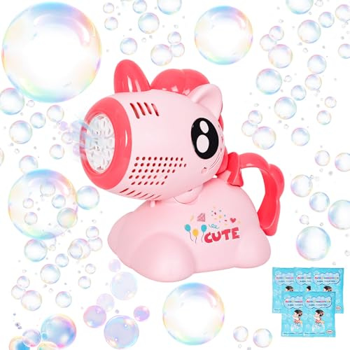 Risingor Seifenblasenmaschine, Einhorn Seifenblasenpistole für Kinder, Seifenblasen Pistole mit 5 Seifenblasen Flüssigkeit, Einhorn Seifenblas Spielzeug mit Licht Bubble Machine, Rosa